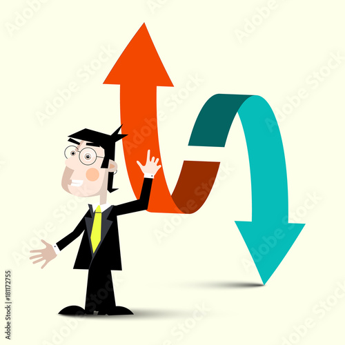 Man with Up and Double Arrows. Vector Businessman.