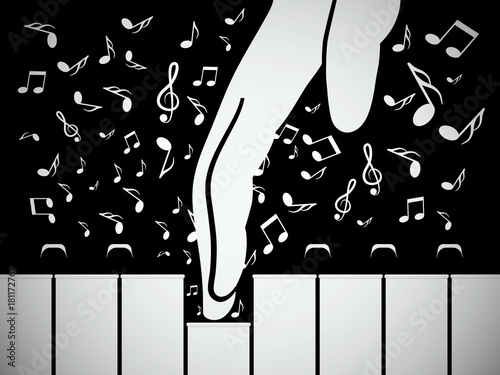 Hand on Piano Keyboard with Notes. Vector Music Background.