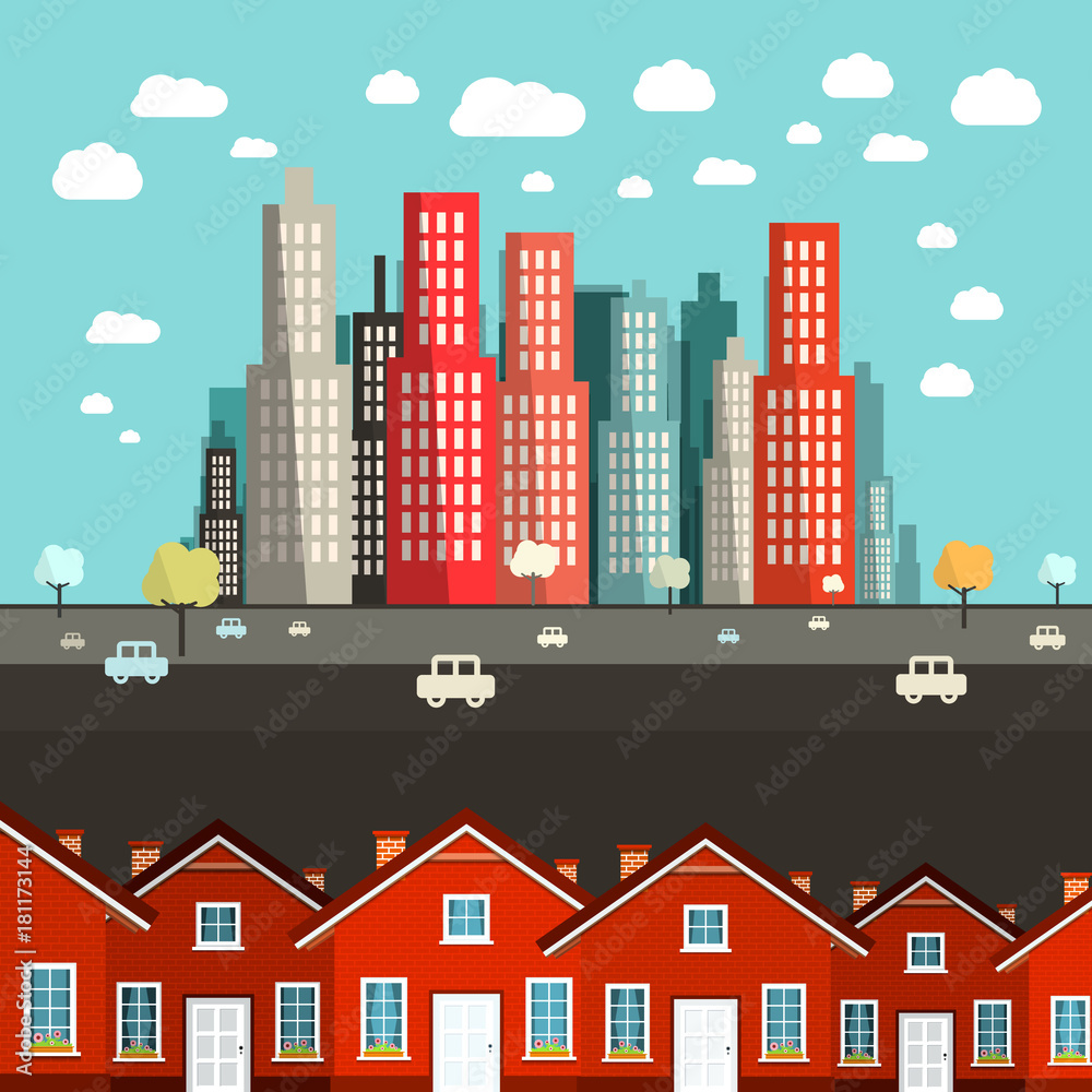 Fototapeta premium Houses with City on Background - Vector