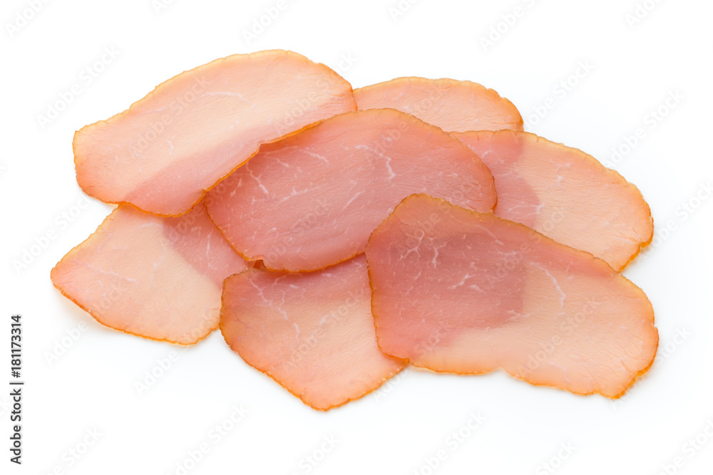 Sliced boiled ham sausage isolated on white background, top view. Sliced boiled ham sausage isolated on white background, top view.