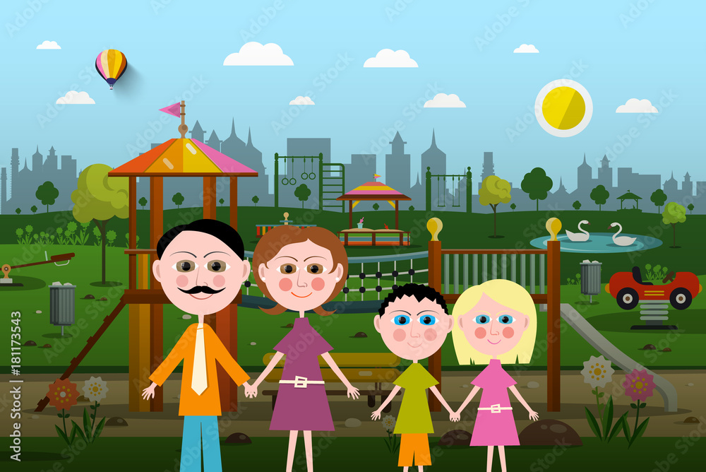 Family with Playground on Background