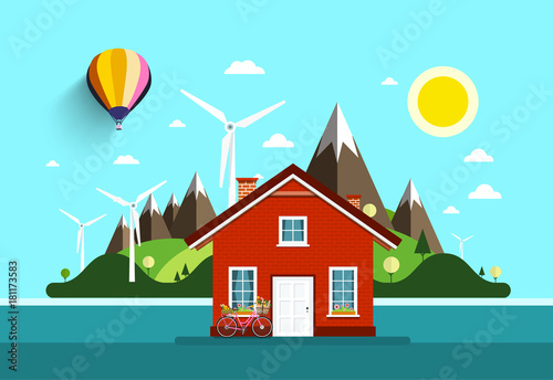 House in Nature. Vector Flat Design Landscape.