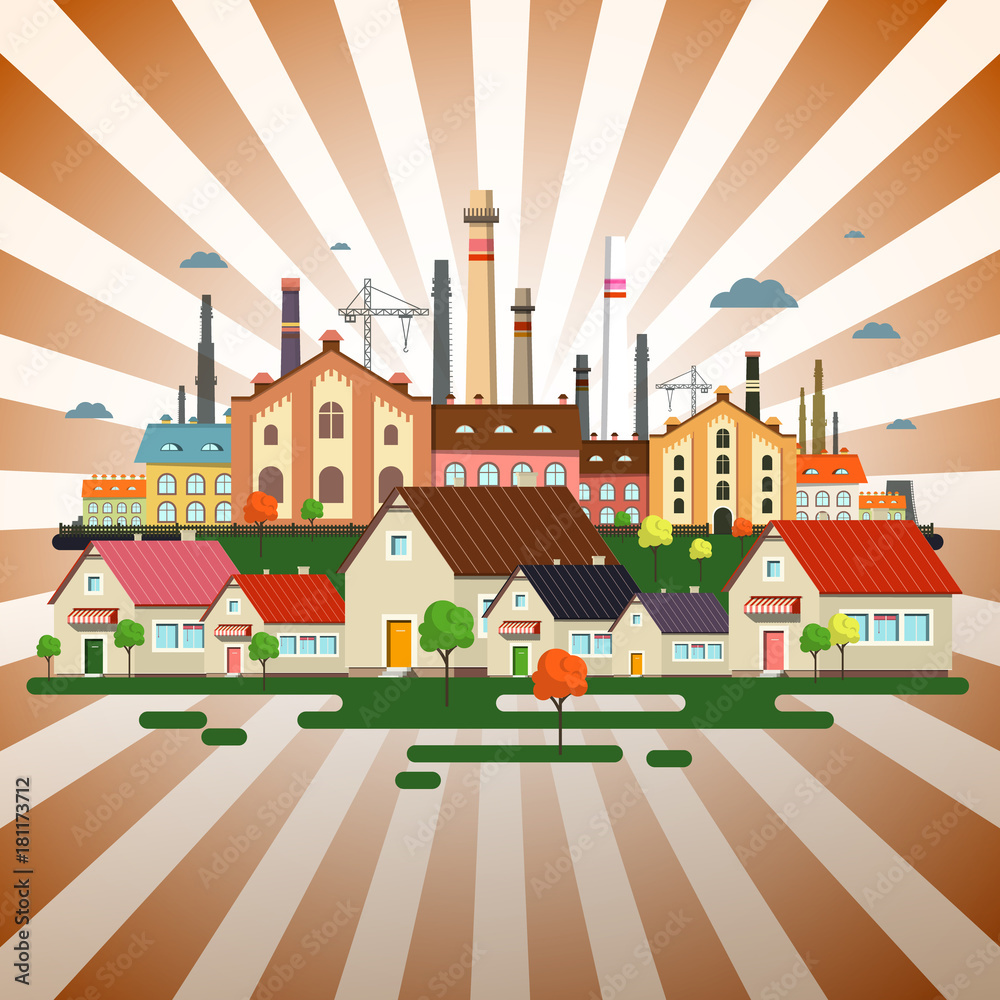Abstract Town on Retro Background. Vector Factory in City on Vintage Backdrop.