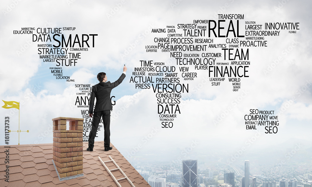 Businessman on brick roof draw world map as concept of globalization. Mixed media Businessman on brick roof draw world map as concept of globalization. Mixed media