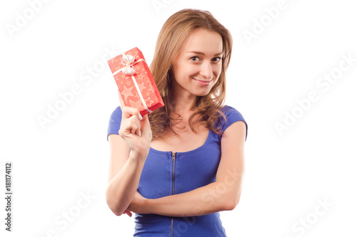 Young beautiful woman in hands holding a holiday gift © Kabardins photo