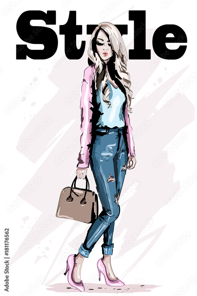 Fashion model posing. Stylish beautiful young woman with bag. Hand drawn blond hair woman. Sketch. Vector illustration. Fashion model posing. Stylish beautiful young woman with bag. Hand drawn blond hair woman. Sketch. Vector illustration.