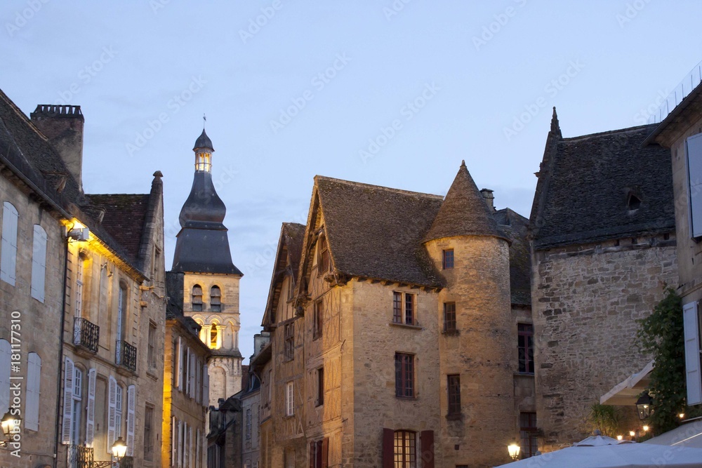 Sarlat la Caneda and its bell tower in France, in the night