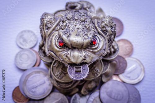 Golden frog figurine on coins