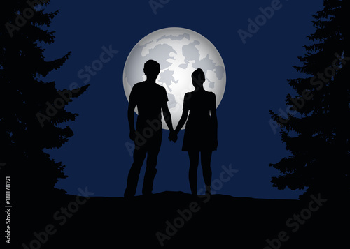 Realistic silhouette of a young man and woman holding hands in a forest between trees under a blue night sky with full moon