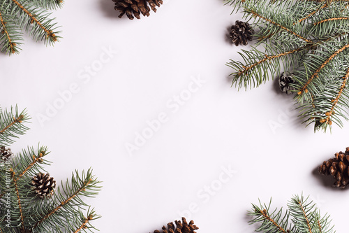 Christmas decoration composition pine cones spruce branches