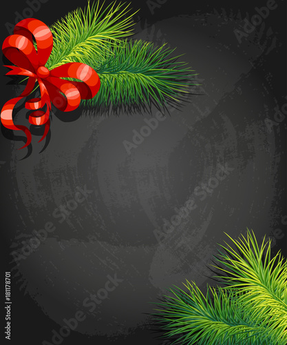 Red bow and branches with shadows of a Christmas tree. New Year's and Christmas decor. Vector illustration isolated on background. At the corners photo