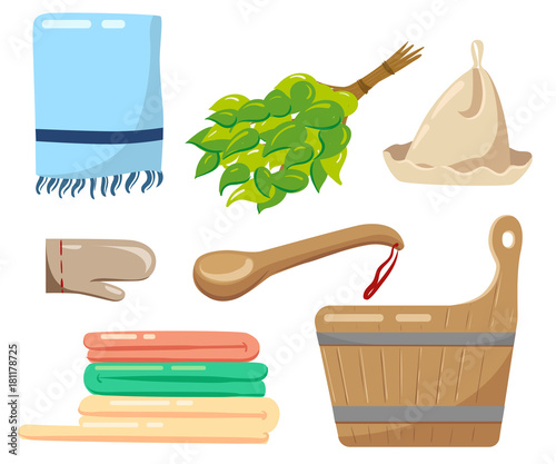 Bath accessories relaxing in spa health care concept. Vector illustration isolated on white.