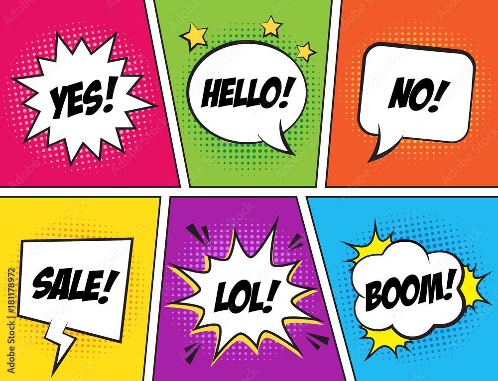 Retro comic speech bubbles set on colorful background. Expression text ...