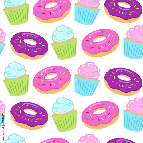 Seamless colorful pattern with donuts and cupcakes on white background. Vector illustration