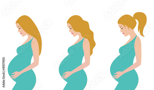 Simple cute colorful vector illustration of blonde pregnant women with different hairstyle in mint green dress.