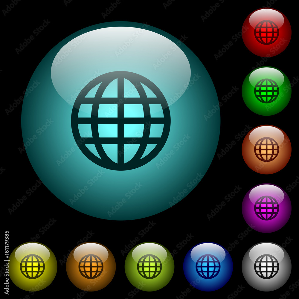 Globe icons in color illuminated glass buttons Globe icons in color illuminated glass buttons