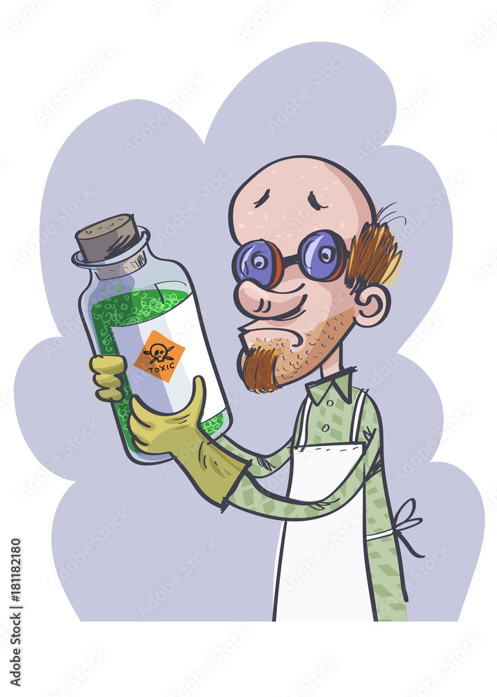 A scientist keeps a big jar. Hazardous chemicals toxic! Vector illustration
