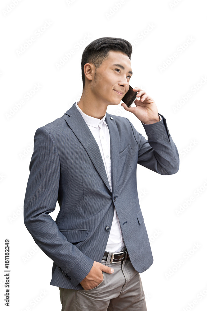 Asian businessman on phone, isolated Asian businessman on phone, isolated