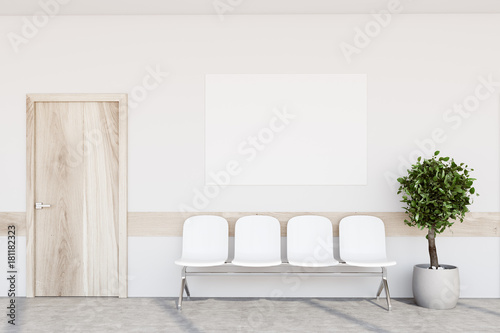 White hospital lobby, poster, tree