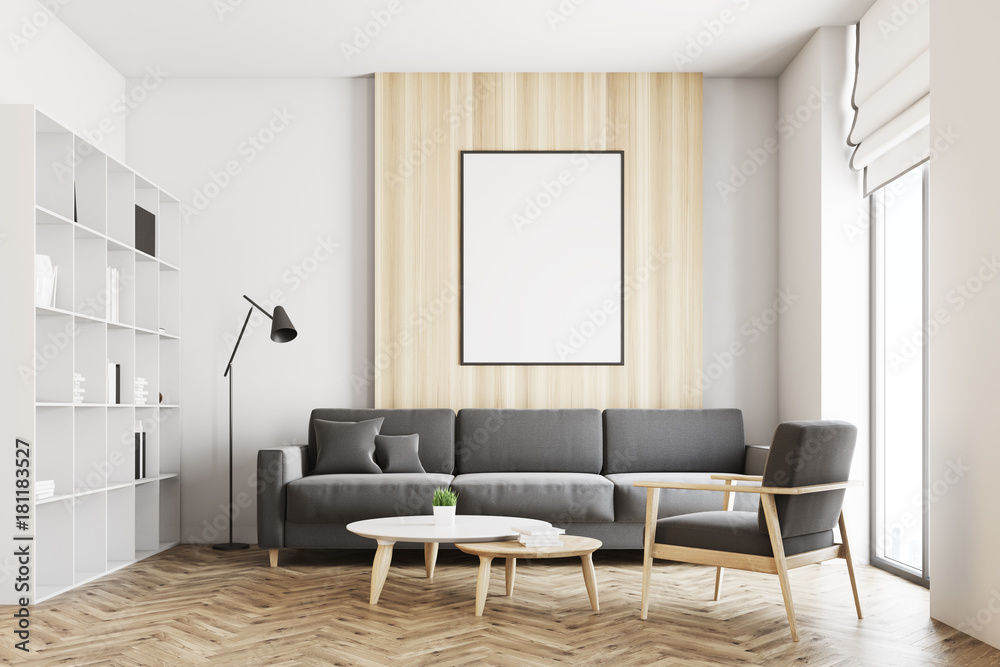 Fototapeta premium White and wooden loft living room, poster