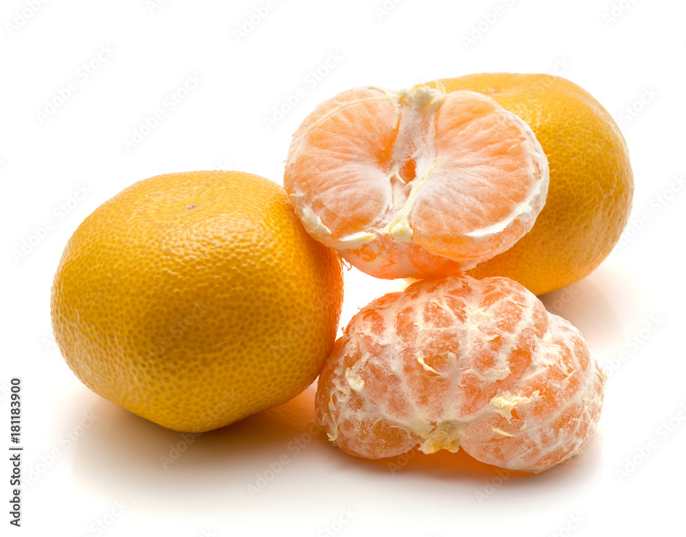 Tangerine isolated on white background two whole two peeled halves. Tangerine isolated on white background two whole two peeled halves.