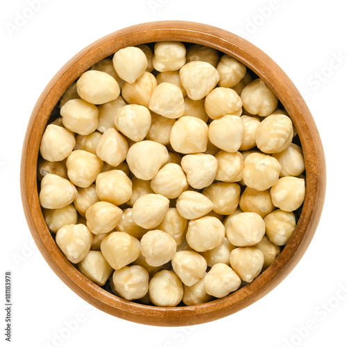 Blanched hazelnuts in wooden bowl. Dried shelled seeds of cobnuts or filbert nuts, Corylus avellana. White kernels used for baking. Macro food photo, close up from above, isolated on white background.