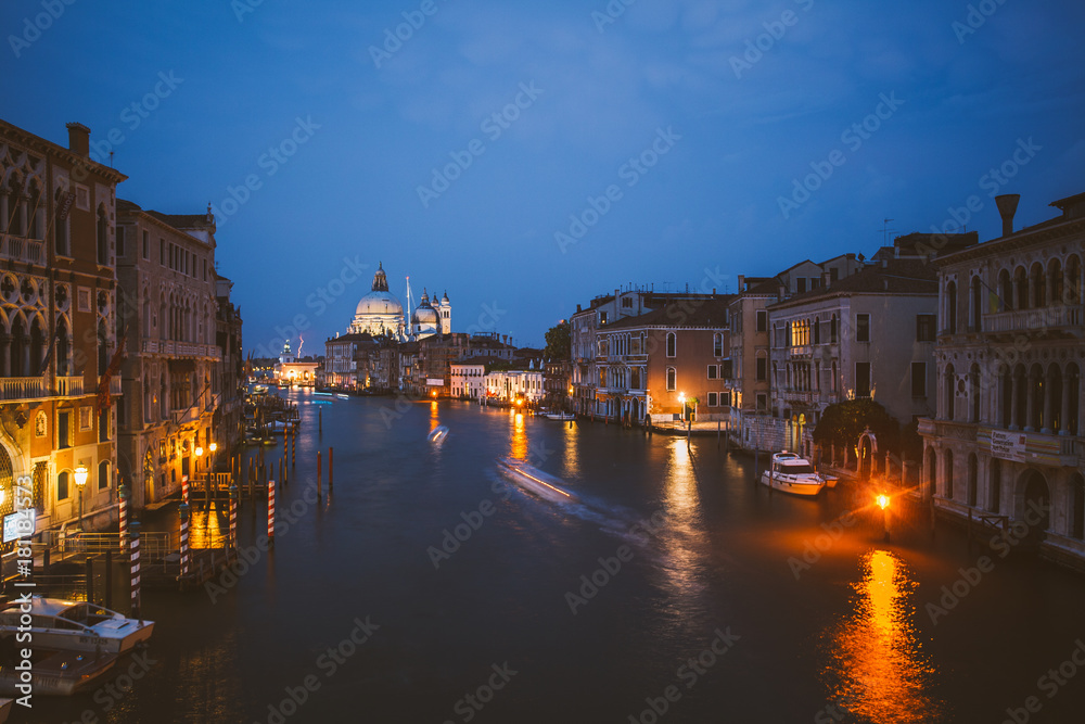 Venice, Italy. Grand Canal from Rialto bridge at twilight.