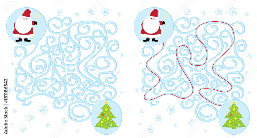 Święty Mikołaj i choinka / łatwy labirynt dla dzieci, rozwiązanie