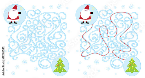 Święty Mikołaj i choinka / łatwy labirynt dla dzieci, rozwiązanie