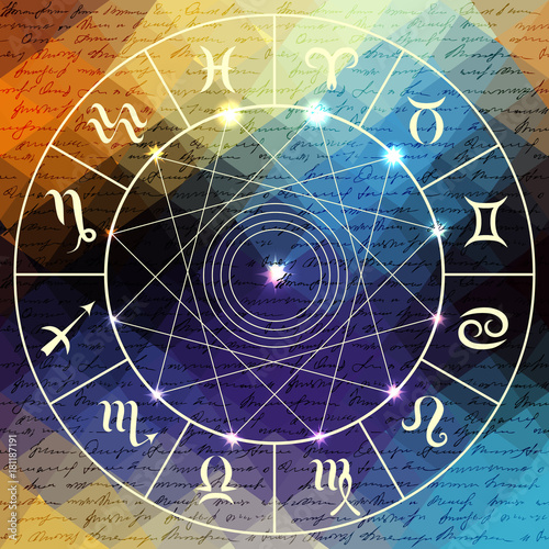Magic circle with zodiacs sign on abstract grunge background.