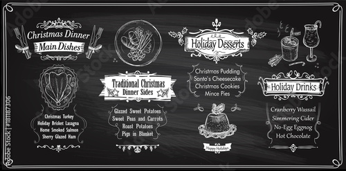 Chalk Christmas menu chalkboards design, holiday menu - main dishes, sides, desserts and drinks