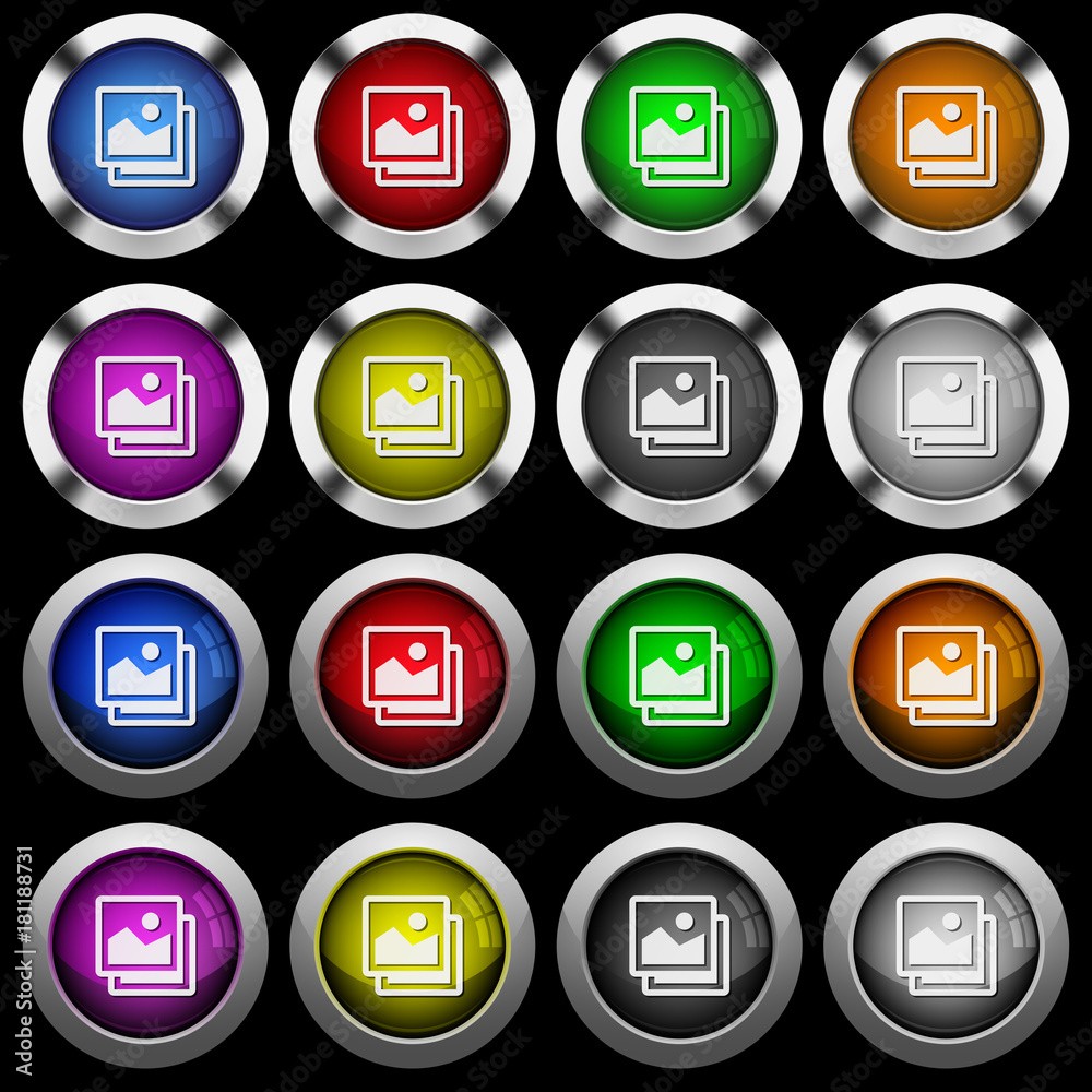 Pictures white icons in round glossy buttons on black background