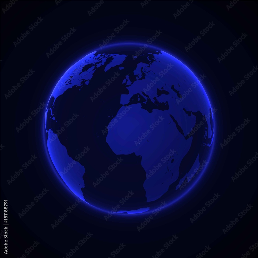 Fototapeta premium Glowing globe with blue continents on black background vector.