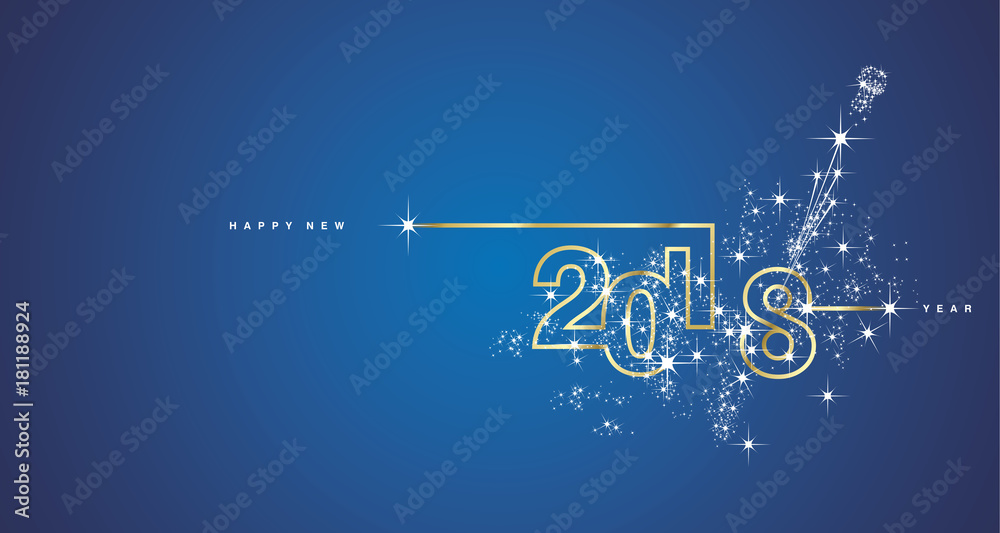 Plakat New Year 2018 line design firework gold white blue vector