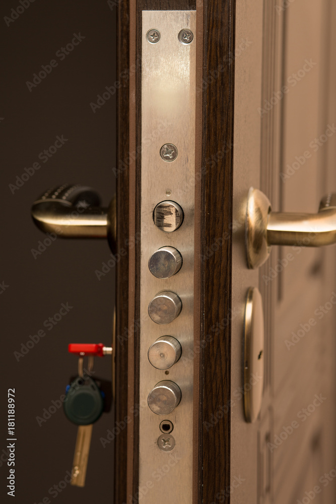 Naklejka premium Modern metal and wood door with a lock