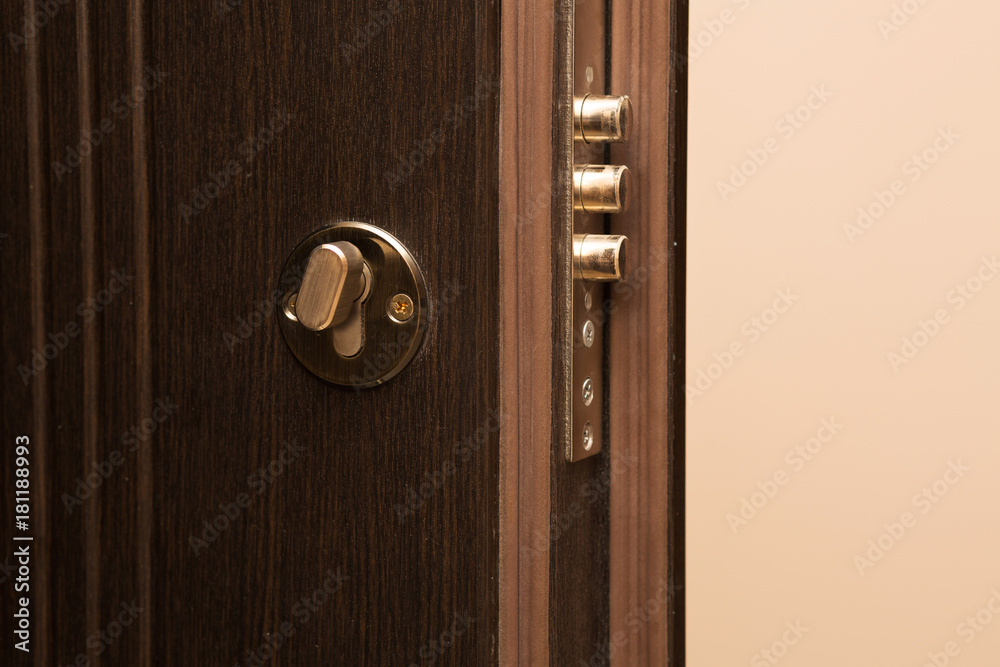 Obraz premium Contemporary metal door with a lock closeup