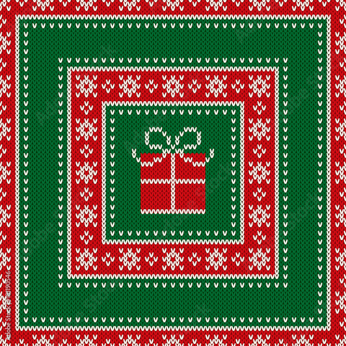 Christmas Holiday Seamless Knitted Pattern with a Present Box. Knitting Wool Sweater Design