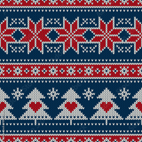 Winter Holiday Seamless Knitted Pattern with a Christmas Trees and Snowflakes. Knitting Sweater Design. Wool Knitted Texture