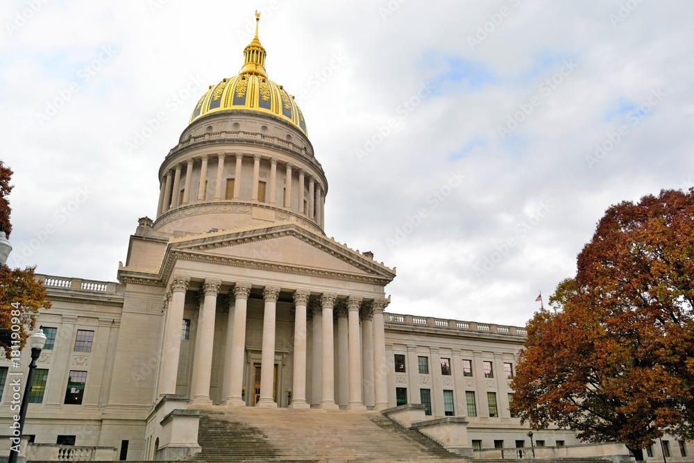 West Virginia State Capitol Building with Colorful Fall Leaves