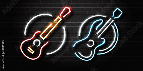 Vector realistic isolated neon sign of guitar for decoration and covering on the wall background. Concept of music, dj and live concert.