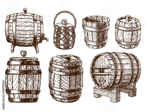 Wooden barrel vintage old hand drawn sketch storage container liquid beverage fermenting distillery cargo drum lager vector illustration.