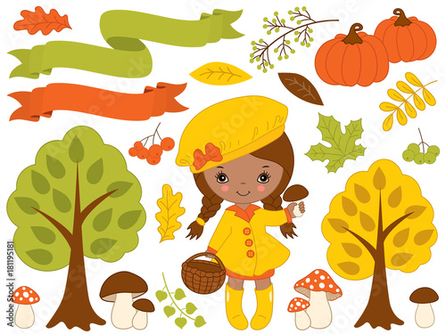 Vector Set with Cute Little African American Girl and Autumn Elements