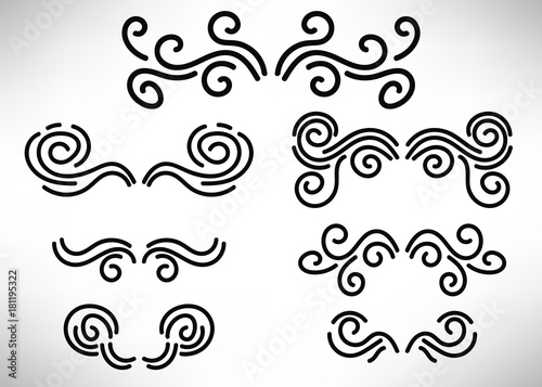 Abstract thin line headers, curly design element set isolated on white background. Dividers. Swirls. Vector illustration.