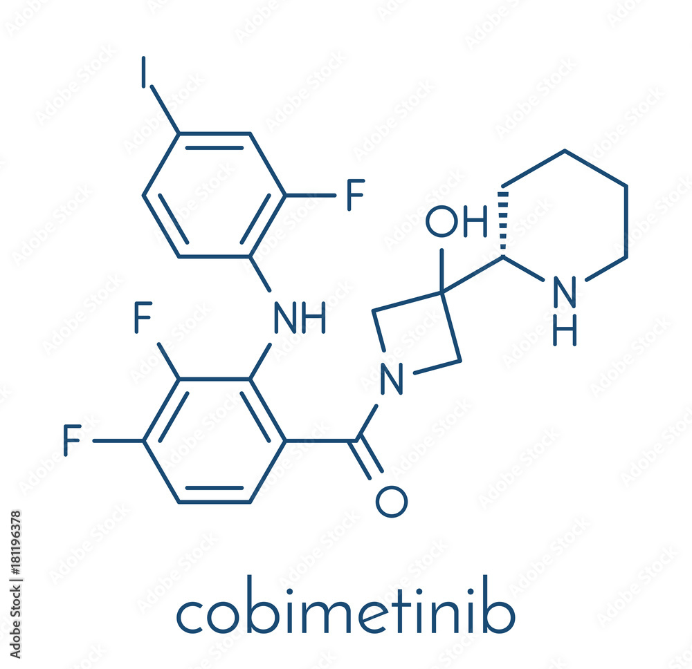 Cobimetinib melanoma drug molecule. Skeletal formula.