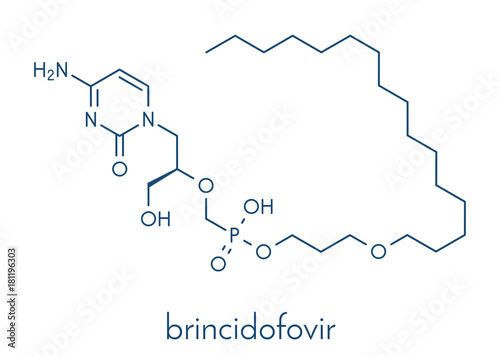 Brincidofovir antiviral drug molecule. Prodrug of cidofovir. Skeletal formula.