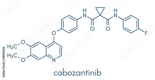 Cabozantinib cancer drug molecule. Inhibitor of c-Met and VEGFR2 tyrosine kinases, used in treatment of medullary thyroid cancer. Skeletal formula.