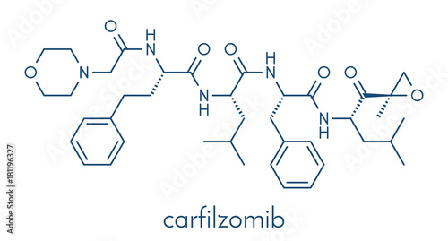 Carfilzomib (CFZ) multiple myeloma cancer drug molecule. Proteasome inhibitor derived from natural product epoxomicin. Skeletal formula. photo