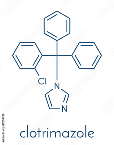 Clotrimazole antifungal drug molecule. Used in treatment of athlete's foot, ringworm, vaginal yeast infection, oral thrush, etc. Skeletal formula.