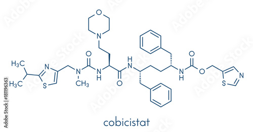 Cobicistat cytochrome P450 inhibiting drug molecule. Increases exposure of various HIV drugs by inhibiting their breakdown by metabolic enzymes, including CYP3A4. Skeletal formula.