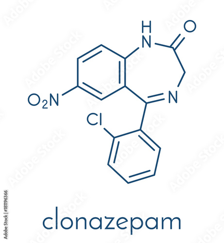 Clonazepam benzodiazepine drug molecule. Used in treatment of seizures, insomnia, anxiety, etc. Skeletal formula.